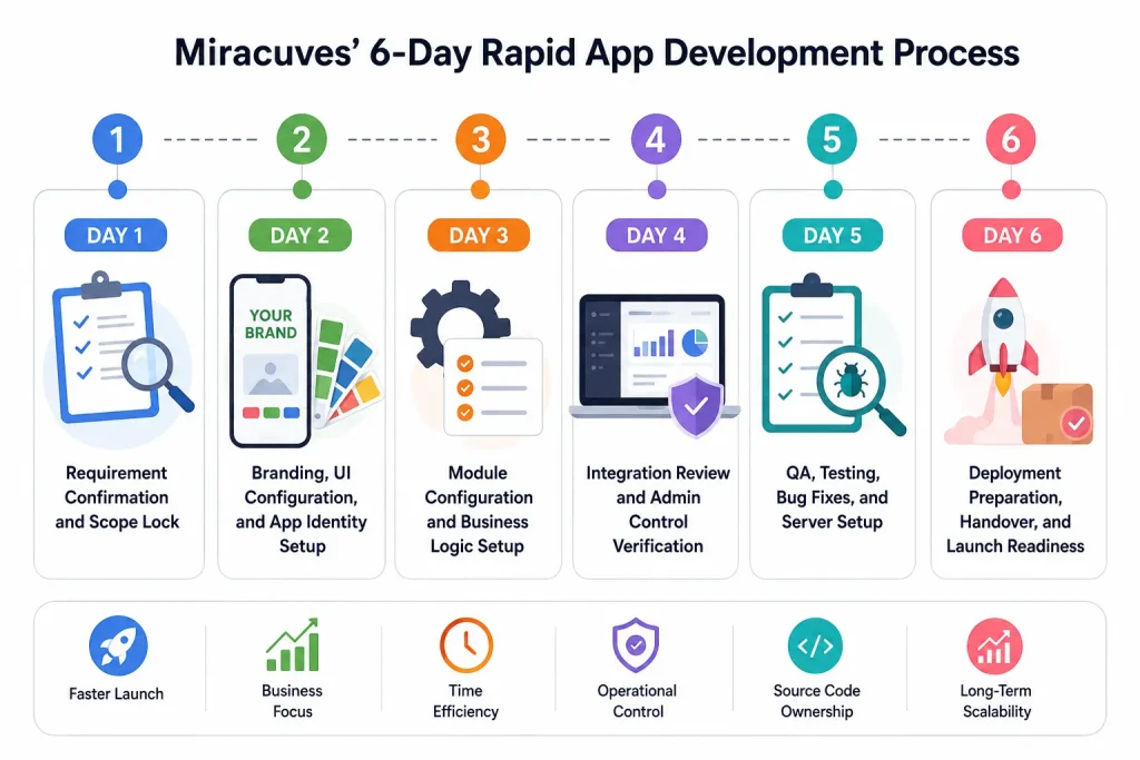 Miracuves 6-day rapid app development process showing requirement confirmation, branding setup, module configuration, admin verification, QA testing, and deployment readiness.