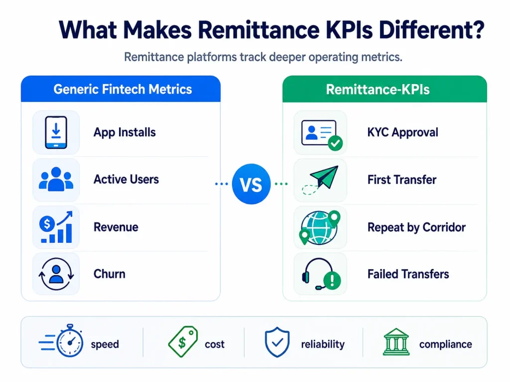 Comparison infographic showing generic fintech metrics versus remittance-specific KPIs including KYC approval, first transfer success, repeat transfers by corridor, failed transfers, speed, cost, reliability, and compliance.