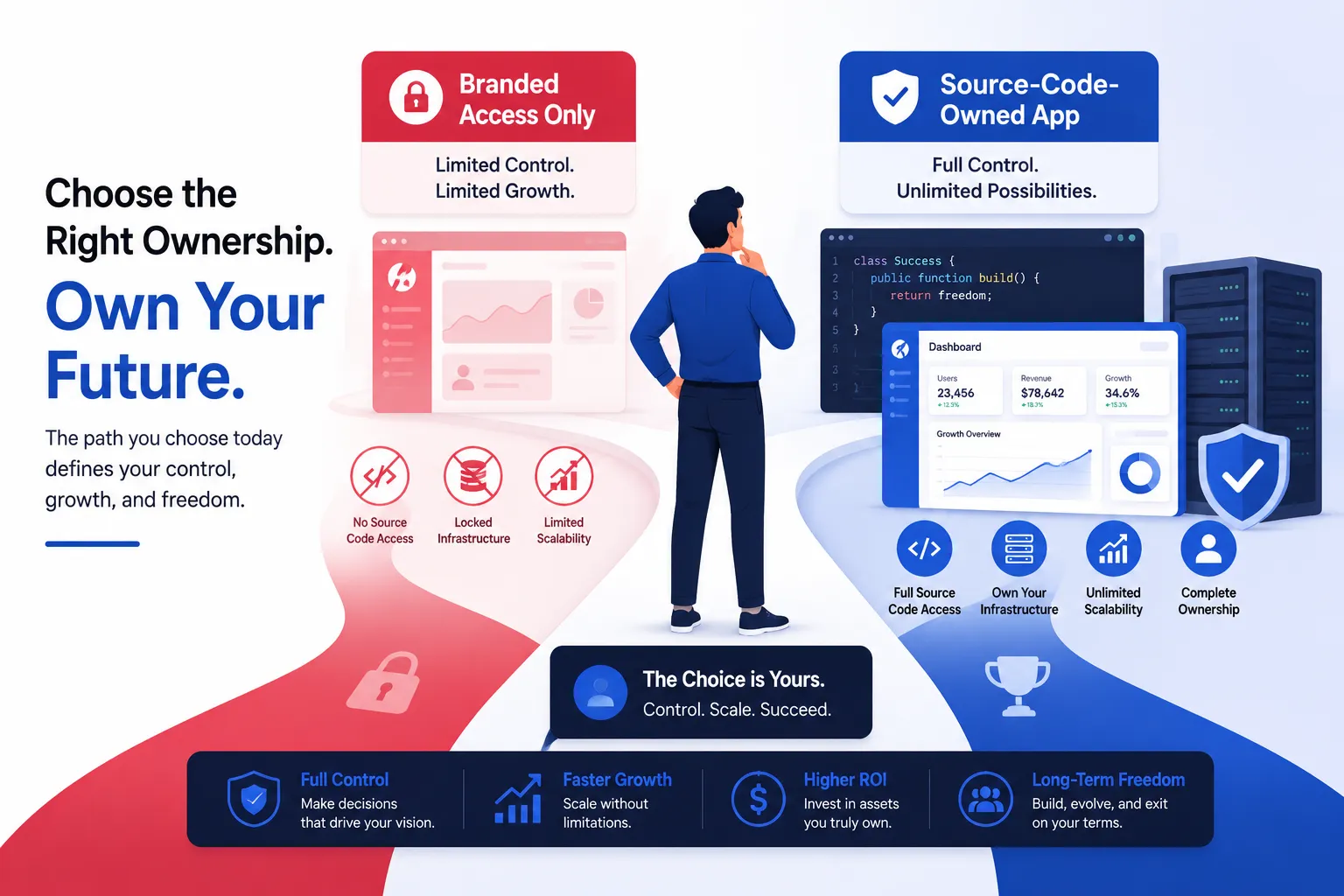 Source-code-owned app infographic showing business ownership, scalability, and long-term control benefits
