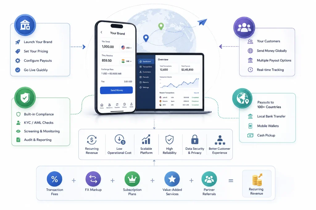 White-label remittance platform architecture with recurring revenue model and global payout infrastructure