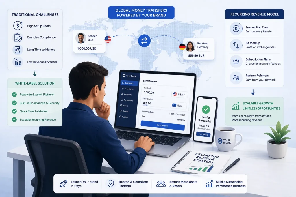 White-label remittance platform showing recurring revenue model and global money transfer system
