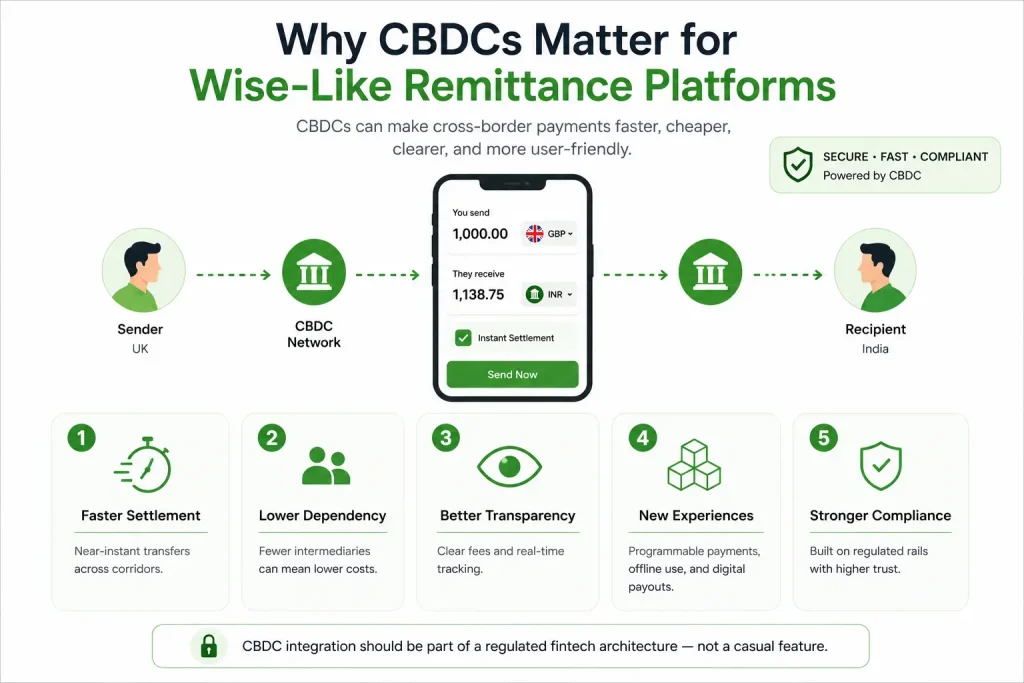 CBDC Integration for Remittance Apps: Preparing Wise-Like Platforms for Digital Currency Payments 1 Infographic showing why CBDCs matter for Wise-like remittance platforms with sender to recipient payment flow, CBDC network, faster settlement, transparency, and compliance benefits