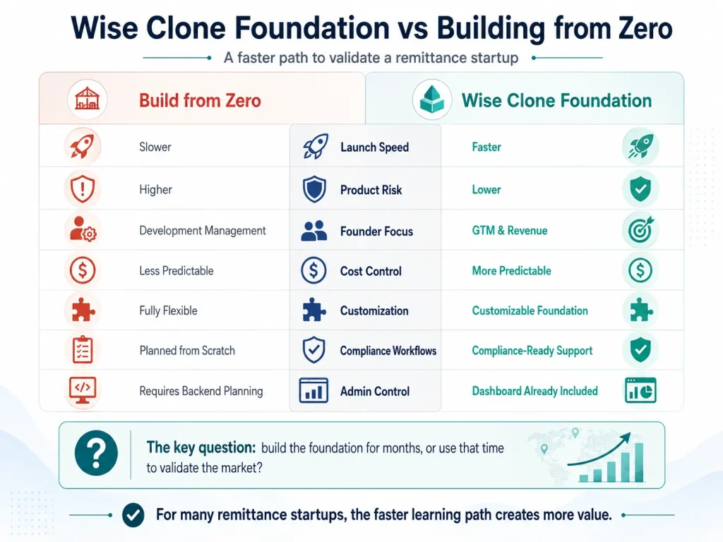From Zero to Revenue: How a Remittance Startup Can Scale Using a Wise Clone Foundation 1 Comparison between Wise clone foundation and building a remittance app from zero showing launch speed, product risk, founder focus, cost control, customization, compliance workflows, and admin control.