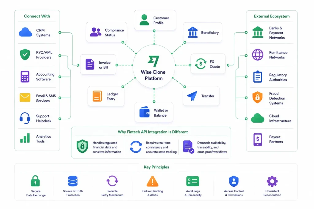 API-First Fintech Architecture: How Wise Clone Platforms Connect With ERP, CRM, and Accounting Tools 1 Wise clone API integration showing fintech workflows, customer profiles, beneficiaries, FX quotes, transfers, wallet balances, ledger entries, invoices, compliance status, retries, audit logs, and secure data flow