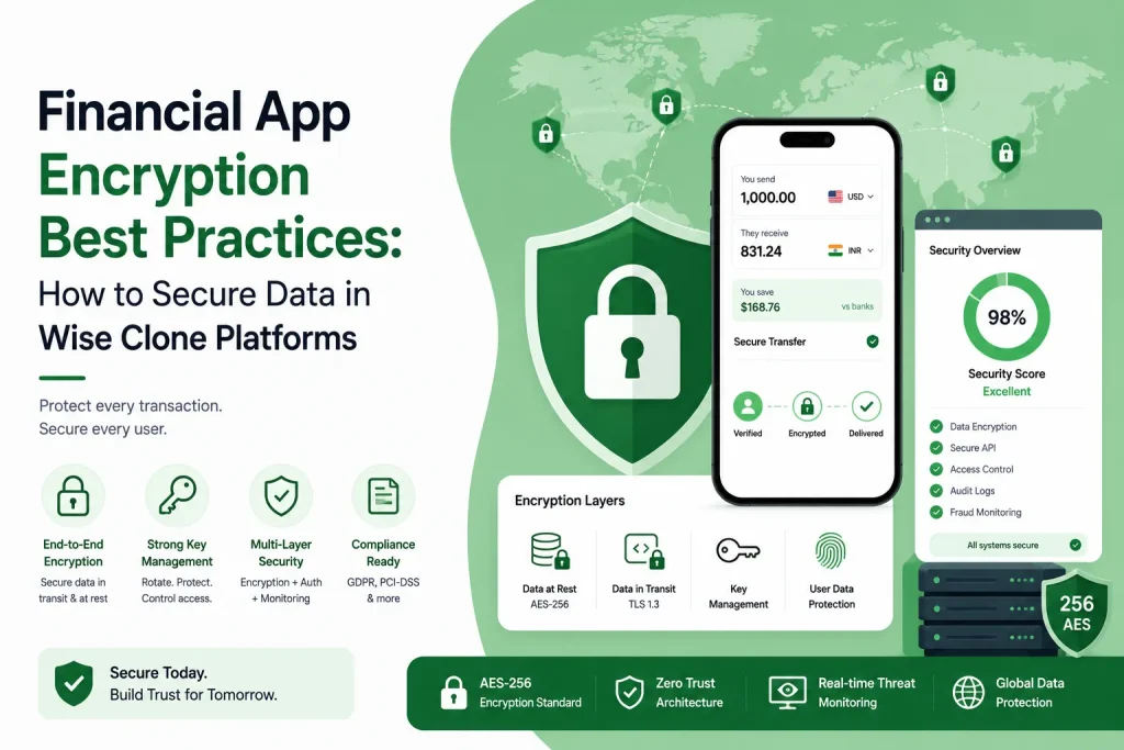 Financial app encryption system securing Wise clone platform transactions and user data