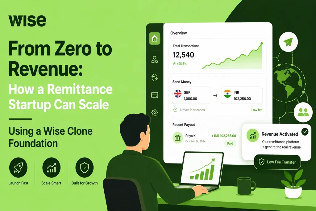 Wise clone foundation dashboard showing remittance transactions, revenue growth, low-fee transfers, and cross-border money transfer scaling.