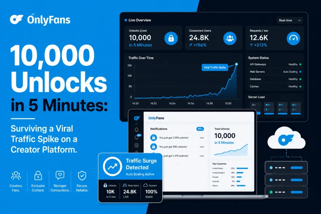 OnlyFans-inspired creator platform dashboard showing 10,000 content unlocks in 5 minutes, real-time traffic analytics, auto-scaling infrastructure, concurrent users, and viral traffic spike monitoring.