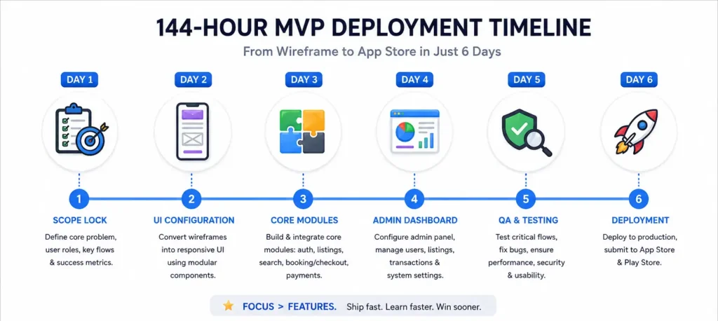 144-hour marketplace MVP deployment timeline from wireframe to app store