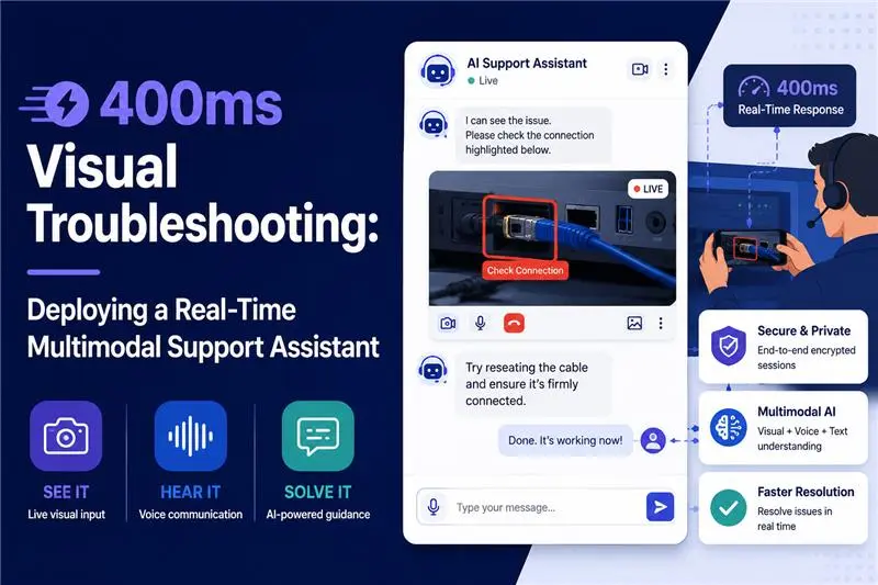 Real-time multimodal AI support assistant using live video, voice, and text to identify a cable connection issue and provide troubleshooting guidance within 400 milliseconds.