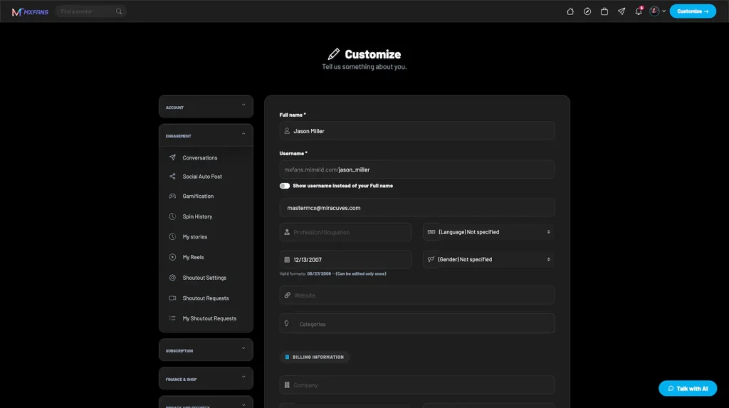Miracuves customization options on MXFans website