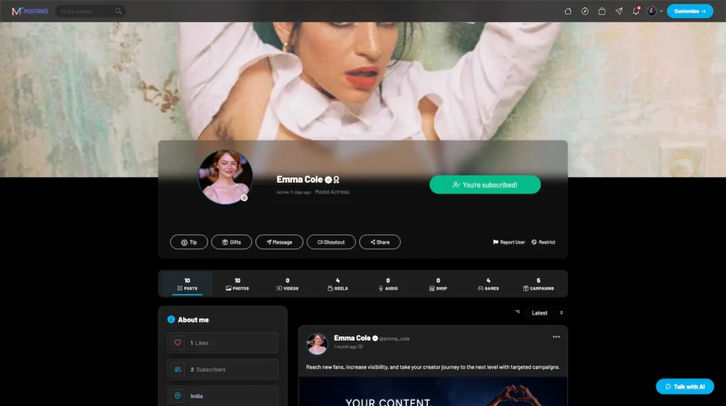 MXFans creator profile dashboard showing subscriptions, tips, gifts, messaging, shoutouts, posts, photos, reels, campaigns, subscriber details, and creator content tools.