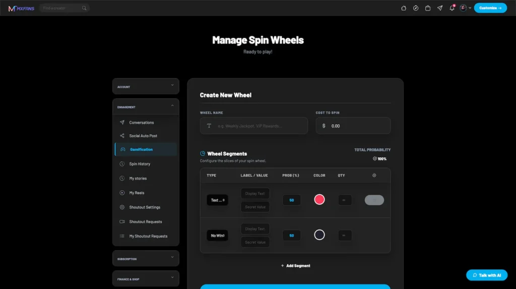 Miracuves Onlyfans clone creator Spin Wheels creation page