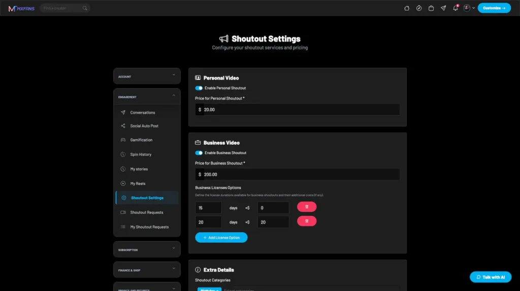 Miracuves Shoutout Settings page on OnlyFans clone website