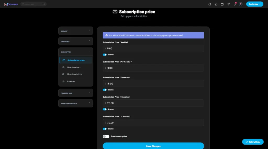 Miracuves Subscription Price Settings