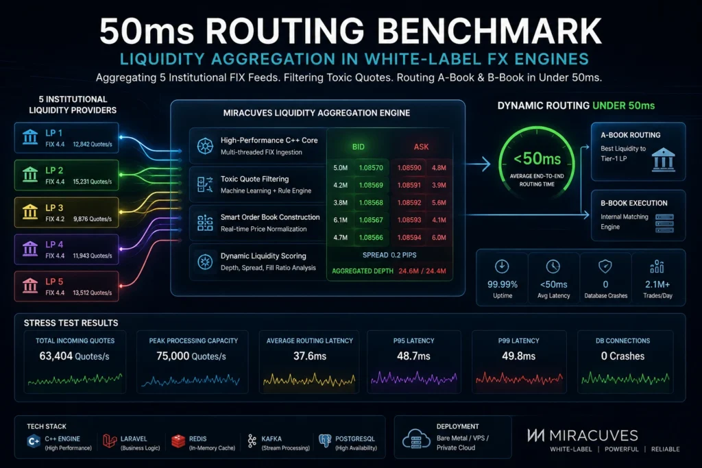White-label FX liquidity aggregation infographic showing five institutional FIX providers, toxic quote filtering, C++ processing engine, smart order-book construction, dynamic liquidity scoring, A-Book and B-Book routing, and sub-50 ms latency results.