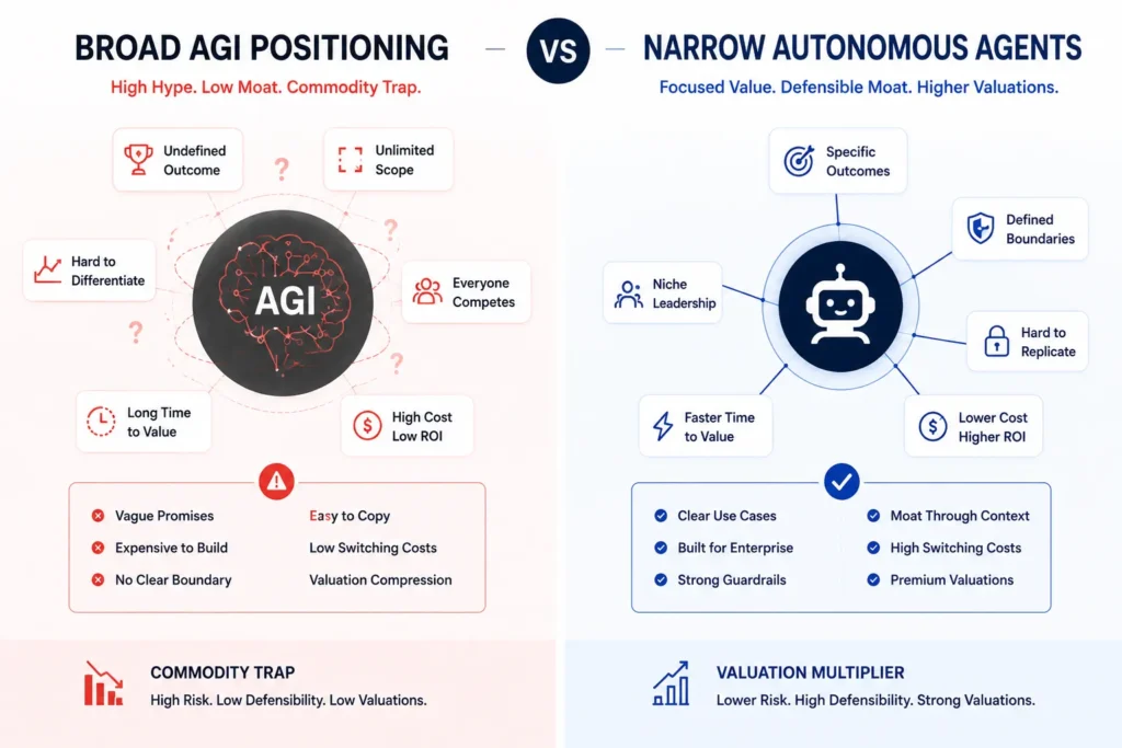 Stop Trying to Build AGI: Why Narrow Autonomous Agents Command the Highest SaaS Valuations 1 AGI startup versus narrow autonomous agents comparison for SaaS founders