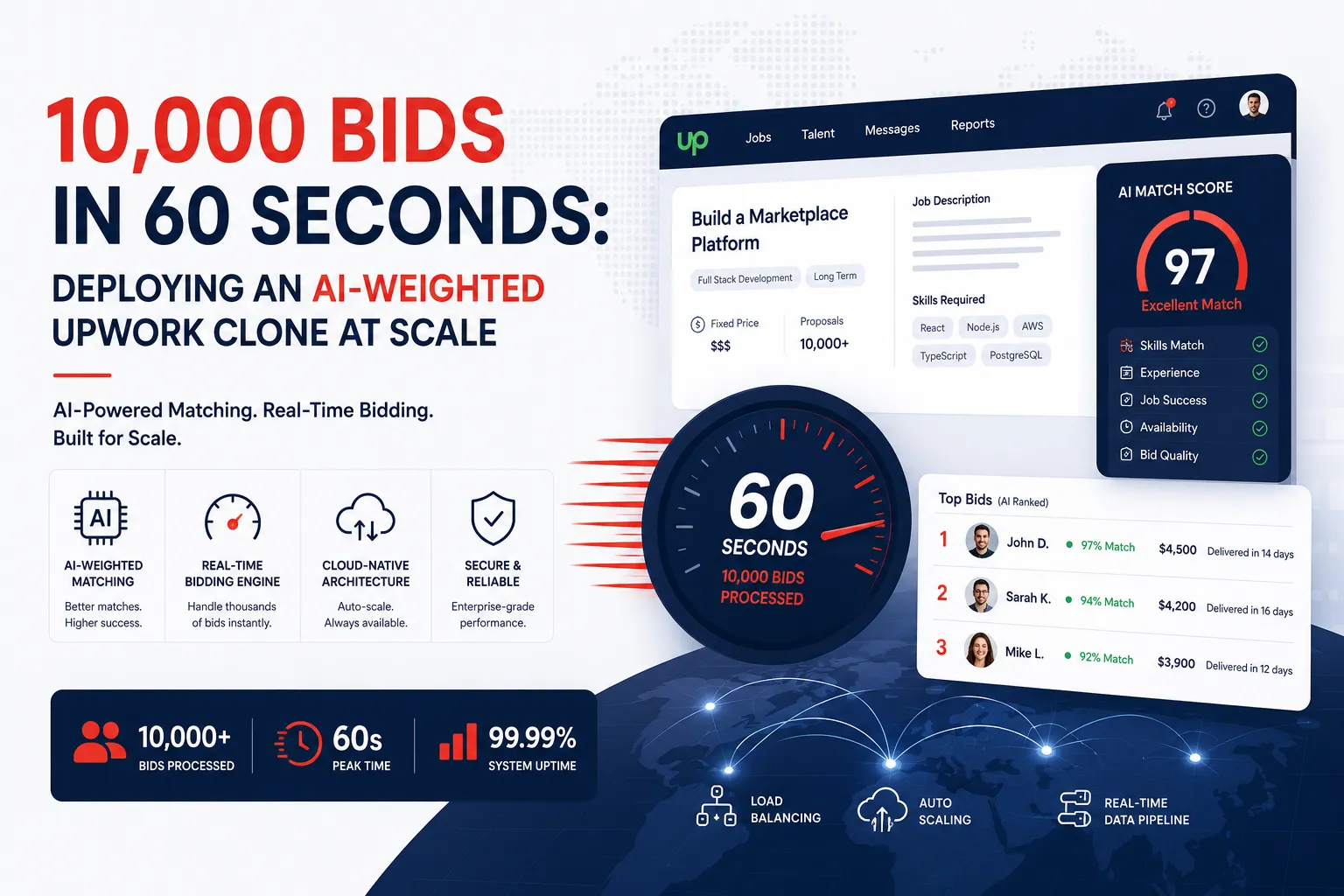 AI-weighted Upwork clone dashboard ranking 10,000 freelancer proposals into top 3 matched profiles