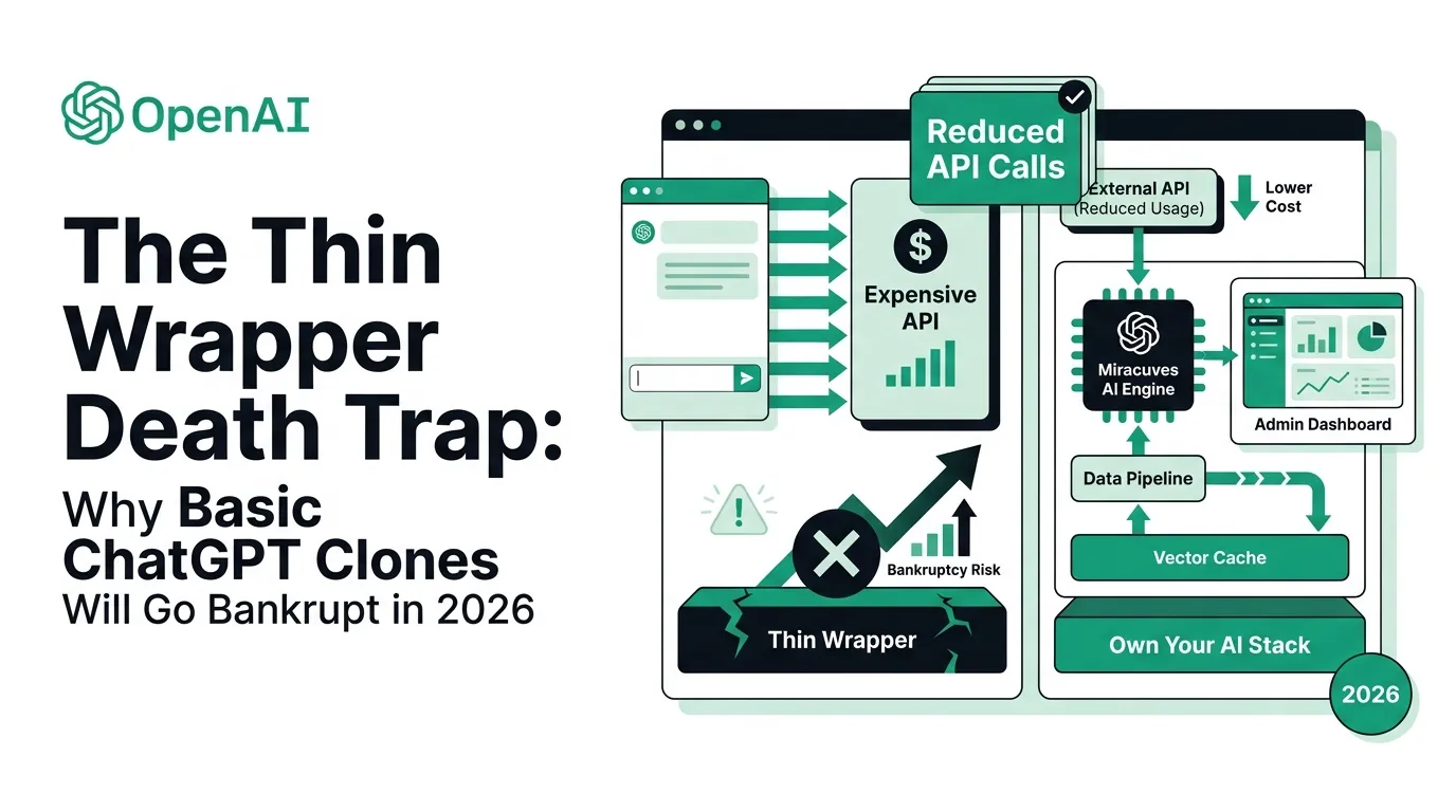Infographic showing the thin wrapper AI app risk with expensive API calls, bankruptcy risk, reduced API usage, vector cache, data pipeline, Miracuves AI engine, admin dashboard, lower cost, and owned AI stack.