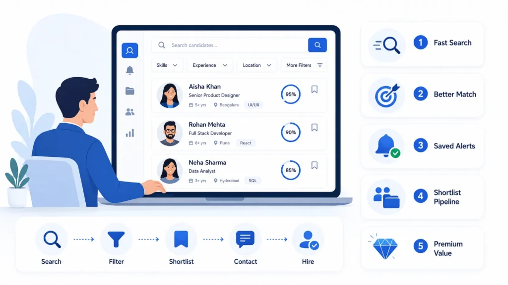 Recruitment platform dashboard illustration showing candidate search filters, recruiter matching system, shortlist pipeline, saved alerts, and hiring workflow.