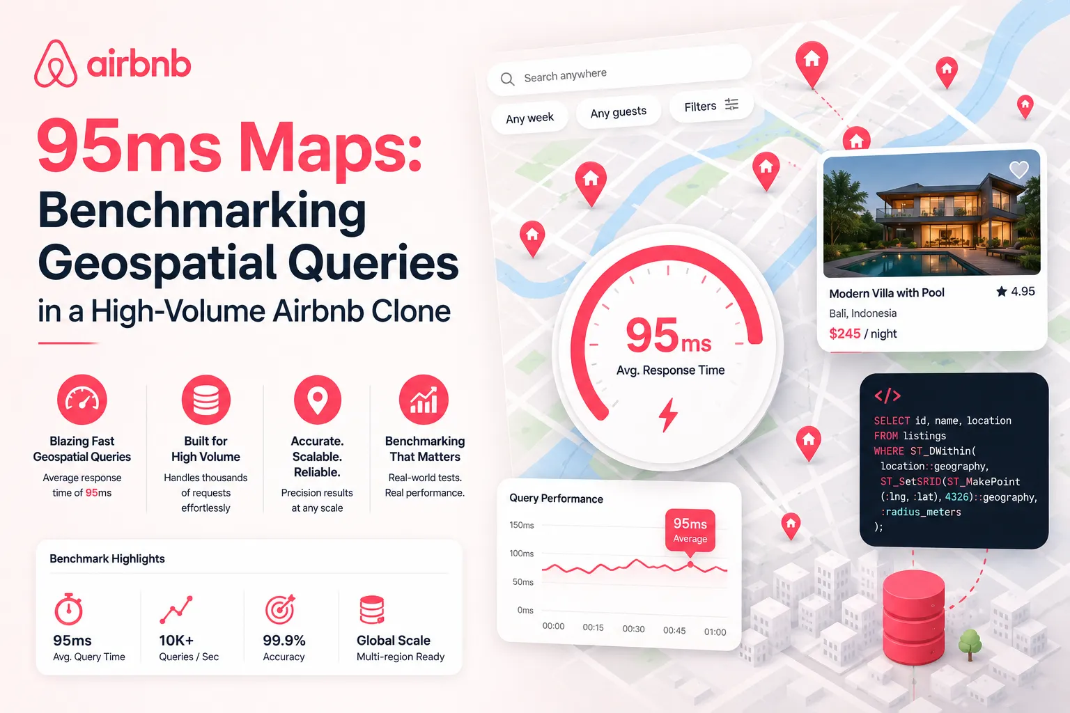 “95ms Maps: Benchmarking Geospatial Queries in a High-Volume Airbnb Clone,” showing a location map, property pins, 95ms response-time gauge, query performance chart, database infrastructure, and geospatial code.