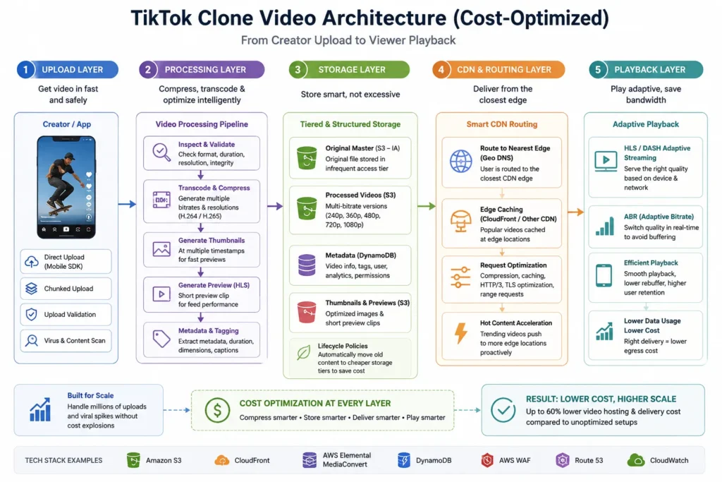 TikTok clone video architecture showing upload, compression, storage, CDN routing, and playback optimization