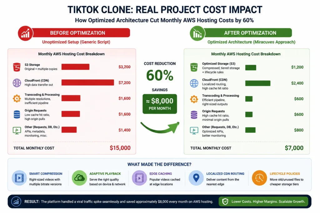 Before and after chart showing reduced TikTok clone hosting costs through CDN and compression optimization
