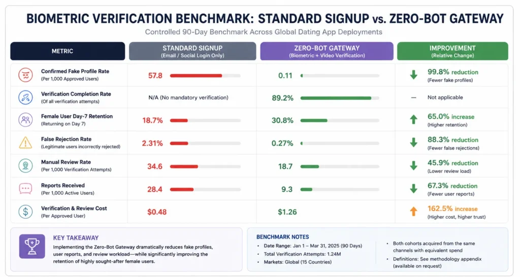 Eliminating the Bot Problem: Benchmarking Biometric Verification in Dating Clones 3 Biometric data lifecycle for a dating app showing consent, encrypted capture, verification processing, restricted storage, audit access, retention, and deletion