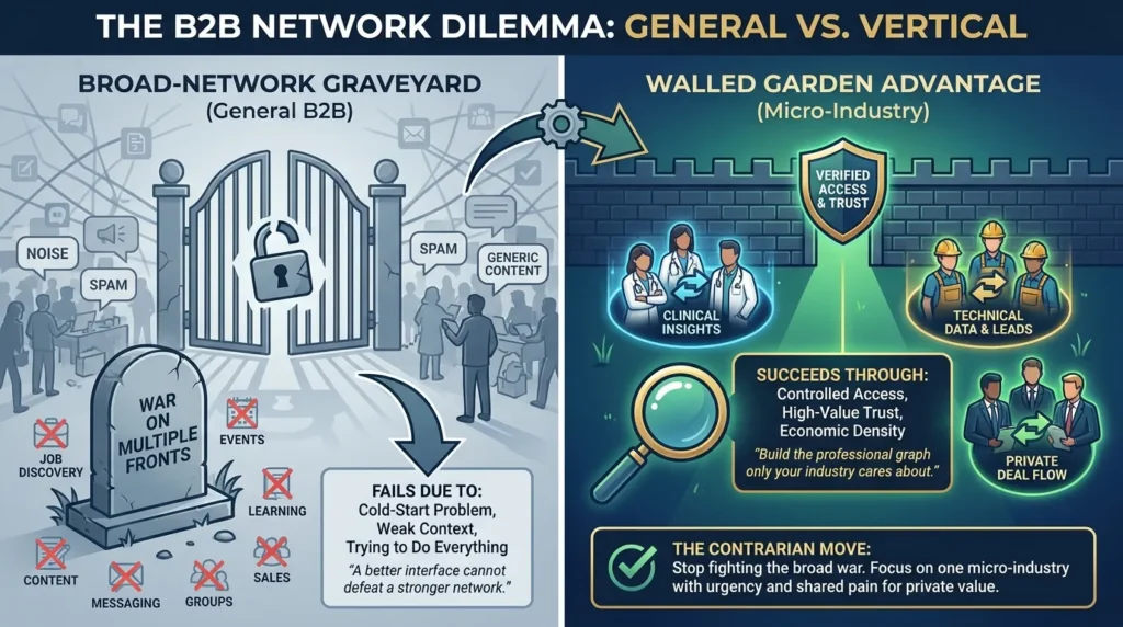 Stop Trying to Beat LinkedIn. Build Walled Garden Networks Instead 1 Infographic comparing broad B2B networks with vertical walled garden networks, showing spam, weak context, cold-start problems, verified access, clinical insights, technical leads, private deal flow, and micro-industry trust.