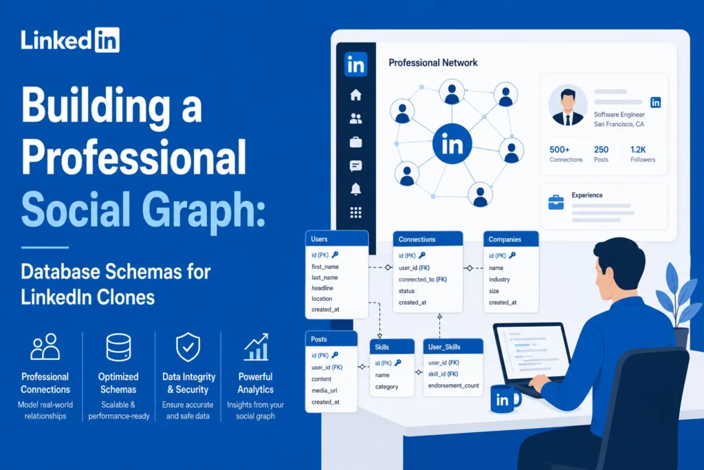 A professional connecting on a social graph, displaying database structures for a LinkedIn-style platform with analytics.
