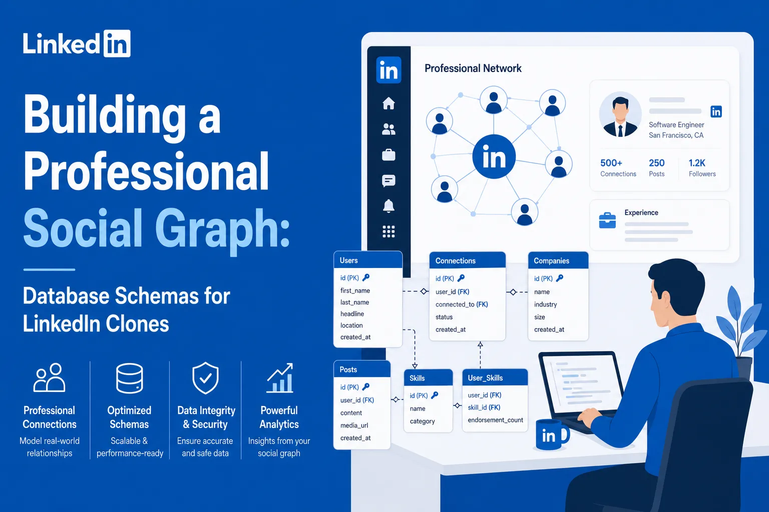 A professional connecting on a social graph, displaying database structures for a LinkedIn-style platform with analytics.