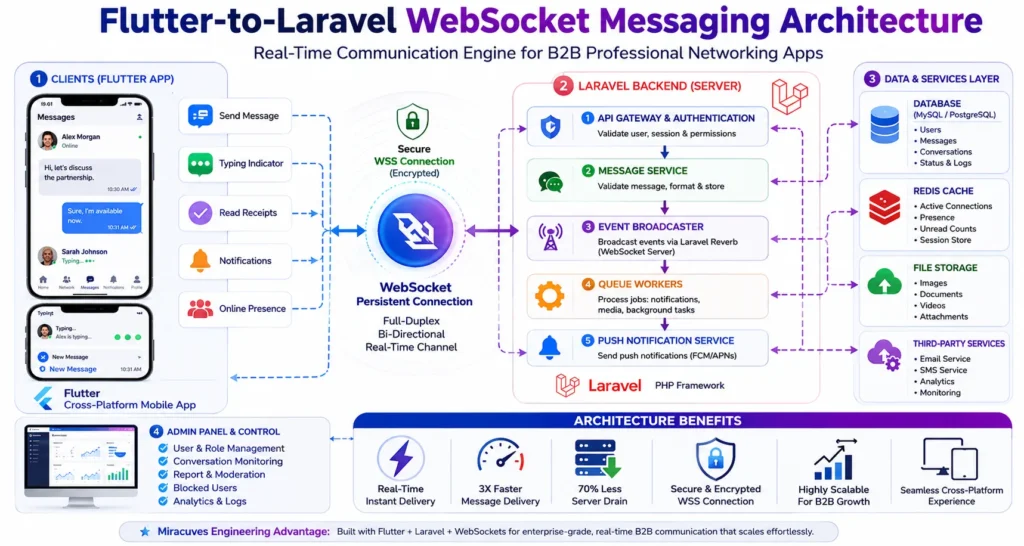 Flutter to Laravel WebSocket messaging architecture for professional networking apps