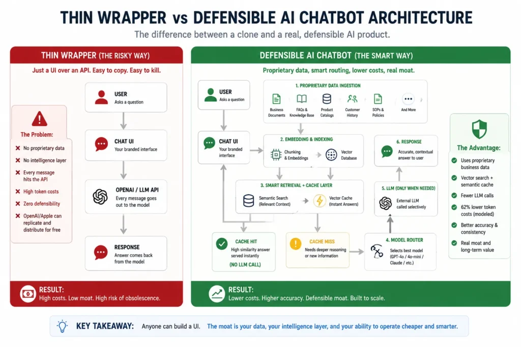 Thin wrapper AI chatbot compared with defensible AI chatbot architecture using proprietary data pipelines, vector caching, and model routing