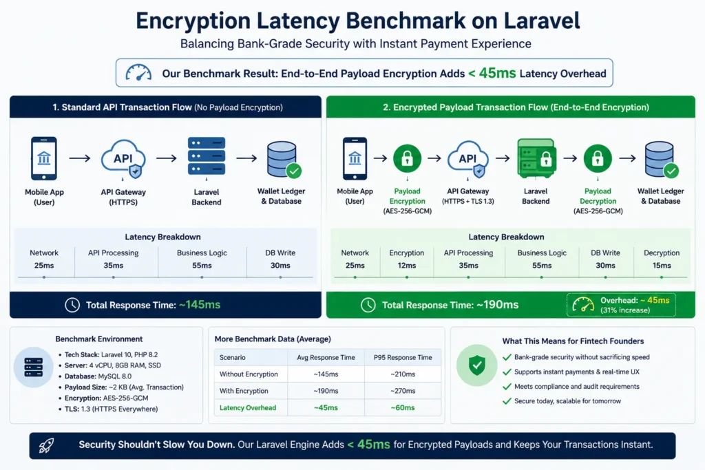 Laravel fintech encryption latency chart showing less than 45ms payload encryption overhead for instant payment transactions