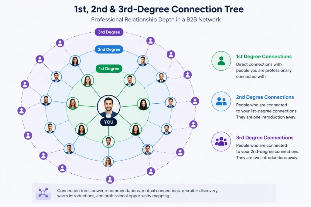 80ms Connection Trees: Architecting the Database for a Niche B2B Network 1 1st 2nd and 3rd degree connection tree in a B2B professional network