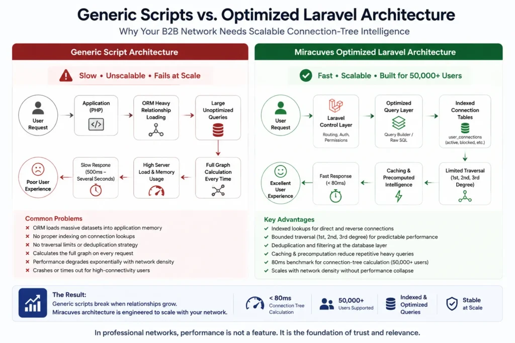 80ms Connection Trees: Architecting the Database for a Niche B2B Network 3 generic professional network script versus optimized Laravel connection tree architecture