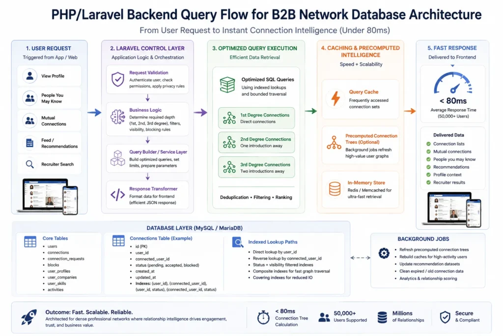 80ms Connection Trees: Architecting the Database for a Niche B2B Network 2 PHP Laravel backend query flow for B2B network database architecture