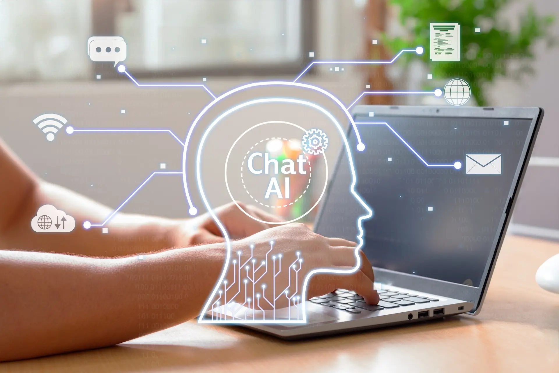 A person using a laptop with digital icons representing Chat AI, Wi-Fi, cloud, email, and documents around their head, symbolizing integrated technology services.
