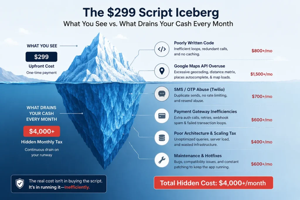 Cheap clone script hidden costs including API bills, maintenance, scaling waste, and refactoring
