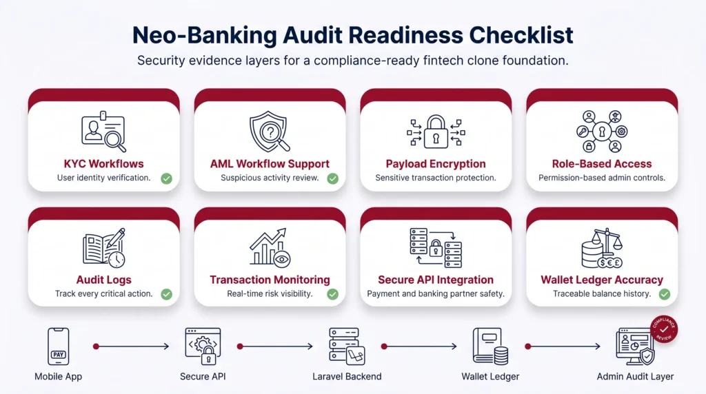 Neo-banking audit readiness checklist showing KYC workflows, AML monitoring, encrypted data, audit logs, and role-based access controls