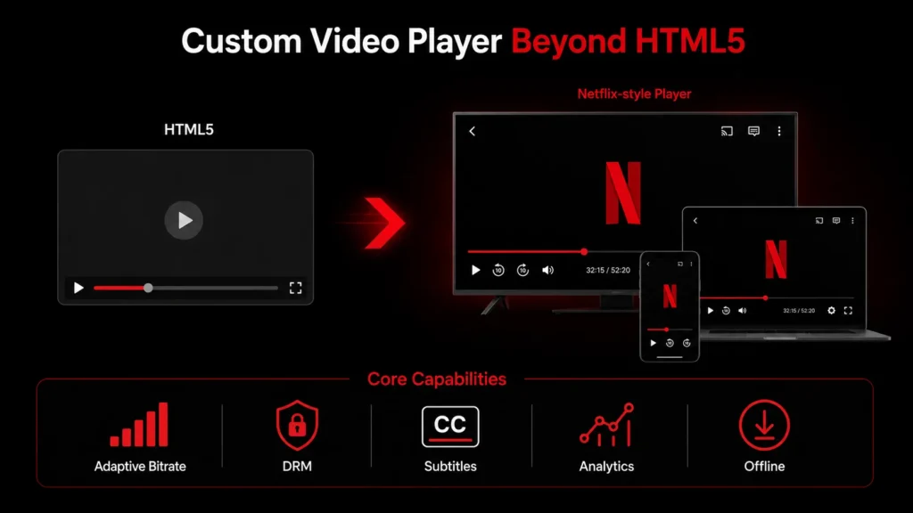 Custom video player beyond HTML5 infographic showing Netflix-video streaming player development features including adaptive bitrate streaming, DRM, subtitles, analytics, and offline viewing.