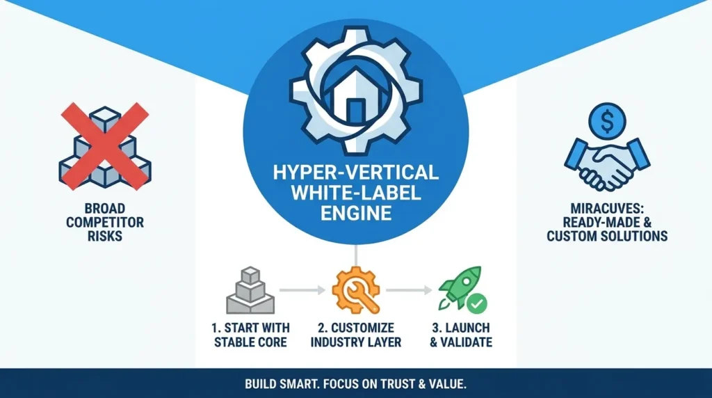 Stop Trying to Beat LinkedIn. Build Walled Garden Networks Instead 3 Infographic showing a hyper-vertical white-label engine with broad competitor risks, Miracuves ready-made and custom solutions, stable core, industry layer customization, launch validation, trust-focused platform strategy, and vertical network deployment.