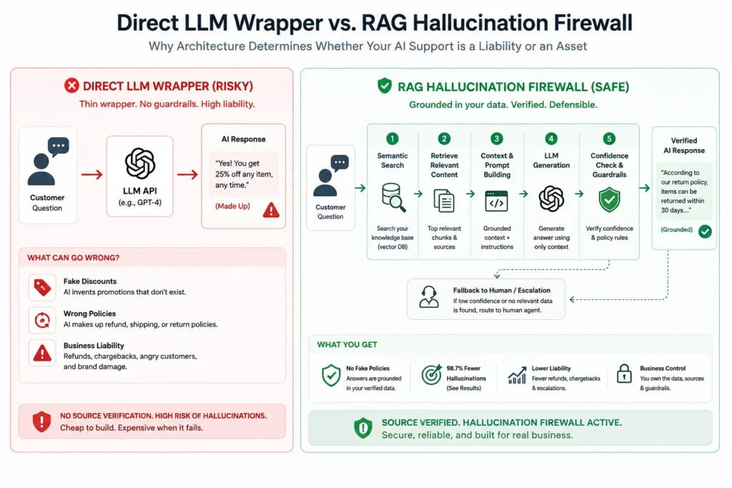 Zero Fake Discounts: How We Deployed a Hallucination-Proof AI Customer Support Clone 1 Direct AI chatbot wrapper compared with RAG hallucination firewall for ecommerce customer support