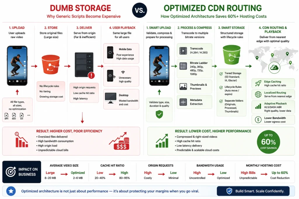 Comparison of dumb video storage and optimized CDN routing for short video app cost reduction