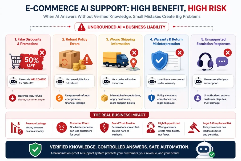 Zero Fake Discounts: How We Deployed a Hallucination-Proof AI Customer Support Clone 2 Ecommerce AI chatbot risks including fake discounts, refund policy errors, and unsupported support responses