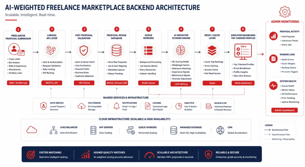 Laravel architecture flow for AI-weighted Upwork clone proposal ranking and cached shortlist generation