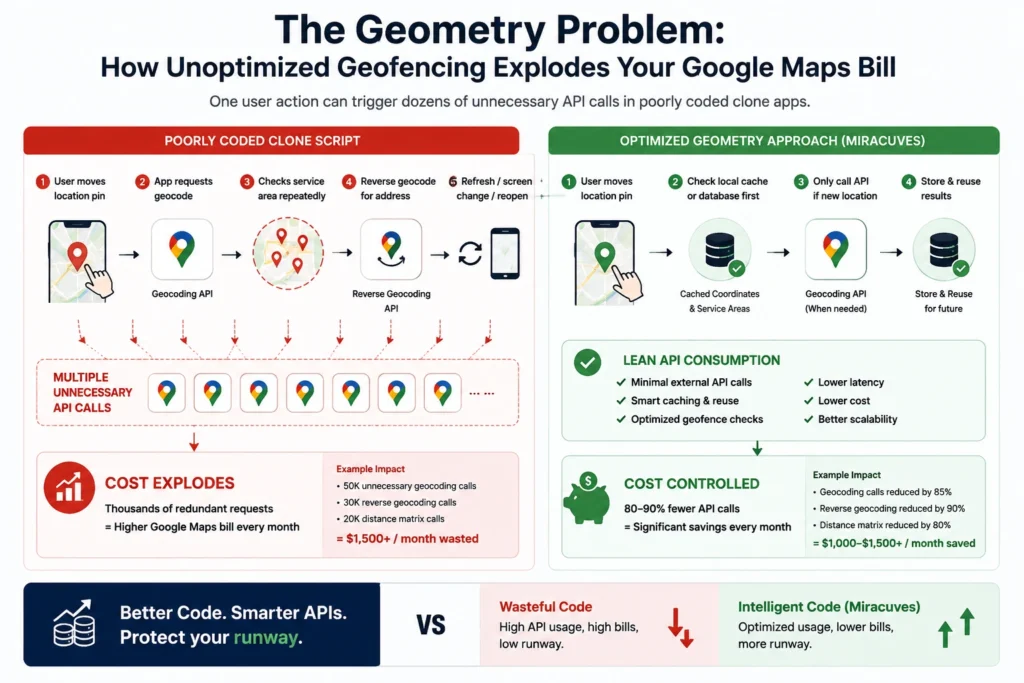 Unoptimized geofencing causing repeated Google Maps API calls in clone app architecture