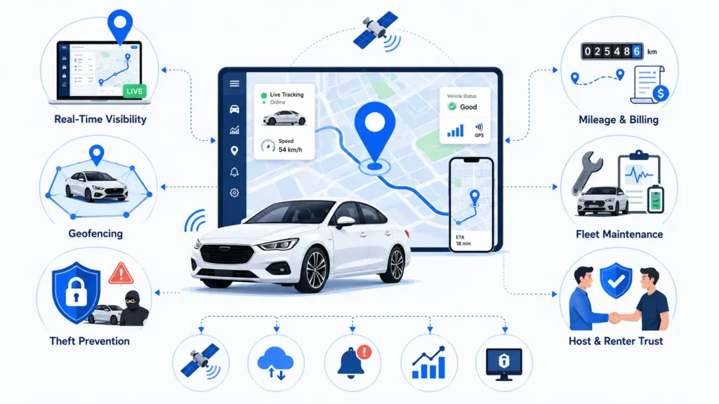 How to Integrate Telematics and GPS Tracking in Car Rental Applications 1 GPS tracking and telematics system for car rental platforms showing real-time tracking, geofencing, mileage billing, fleet health monitoring, theft prevention, and trust features.