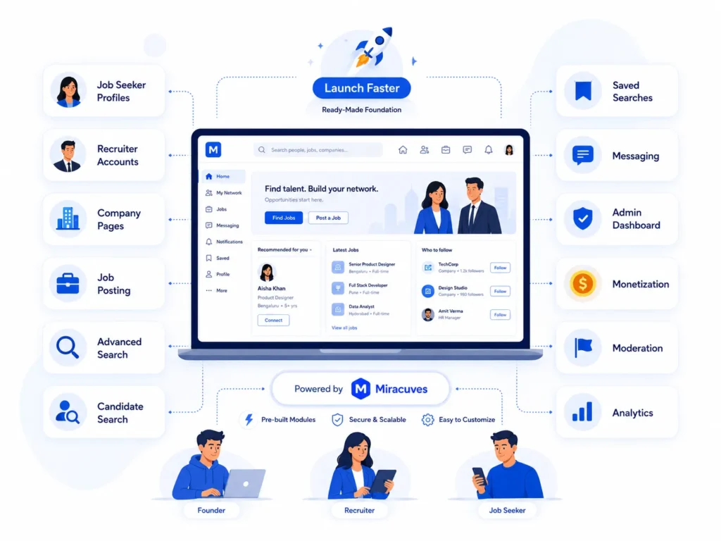 LinkedIn clone platform infographic showing job seeker profiles, recruiter accounts, advanced search, messaging, analytics, monetization, and career networking tools.