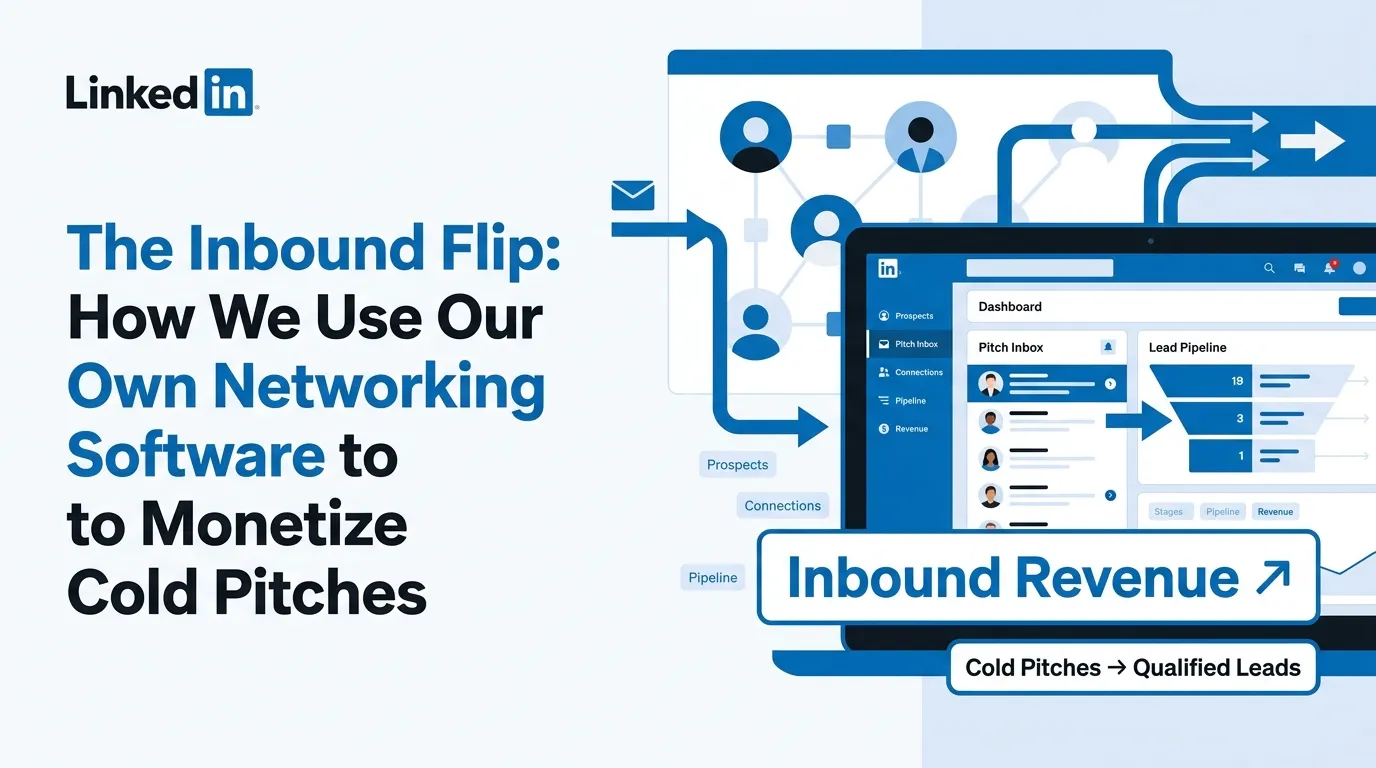 LinkedIn-style banner showing networking software turning cold pitches into qualified leads, with prospect connections, pitch inbox, lead pipeline, dashboard, and inbound revenue flow.