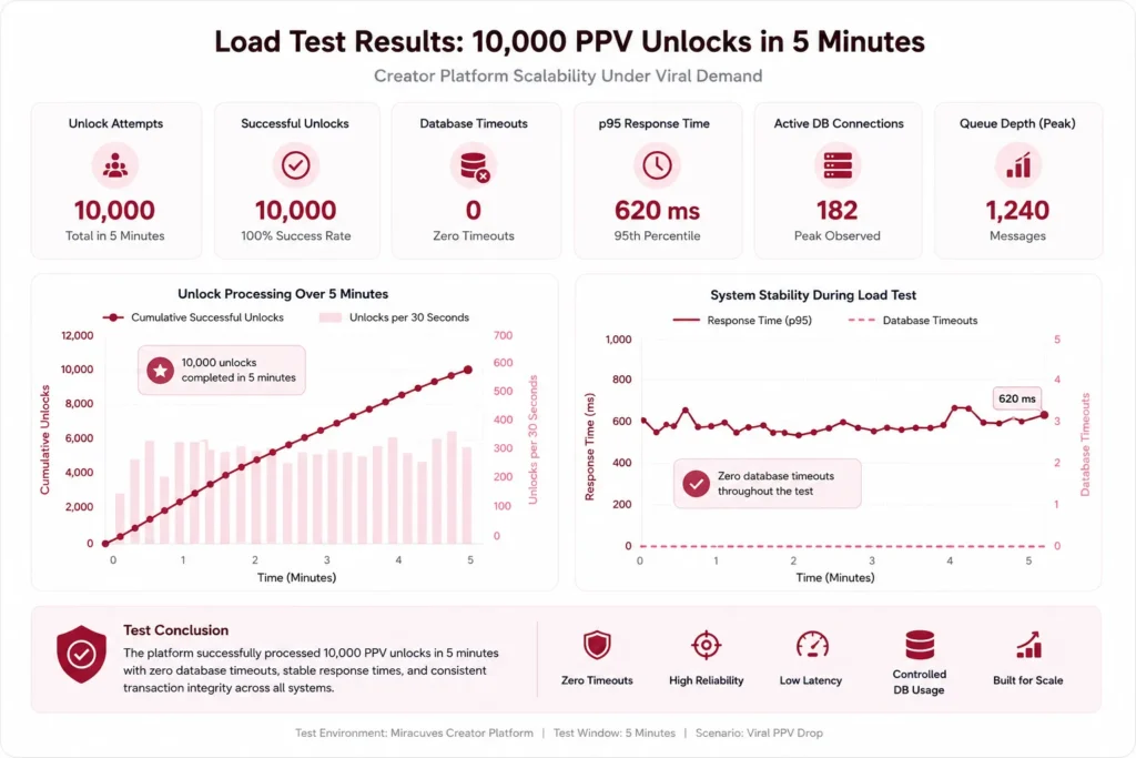 10,000 Unlocks in 5 Minutes: Surviving a Viral Traffic Spike on a Creator Platform. 2 Load test dashboard showing 10,000 PPV unlocks completed in 5 minutes with zero database timeouts, stable response times, active database connections, queue depth metrics, and scalability analytics for a creator platform.